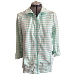 Womens Mint Green & White Striped Zip-Up Jacket With Foldable 3/4 Sleeves Size M